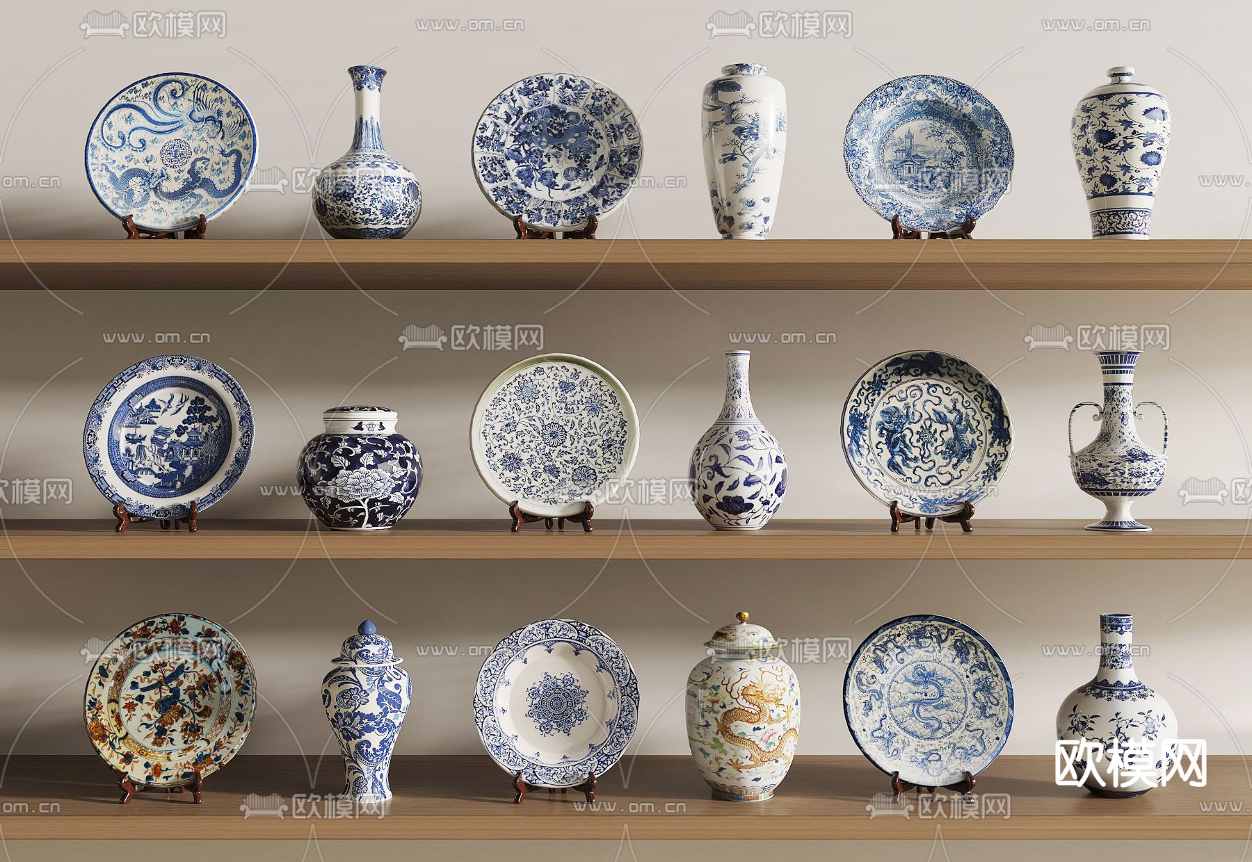 新中式陶瓷 青花瓷 器皿3d模型下载