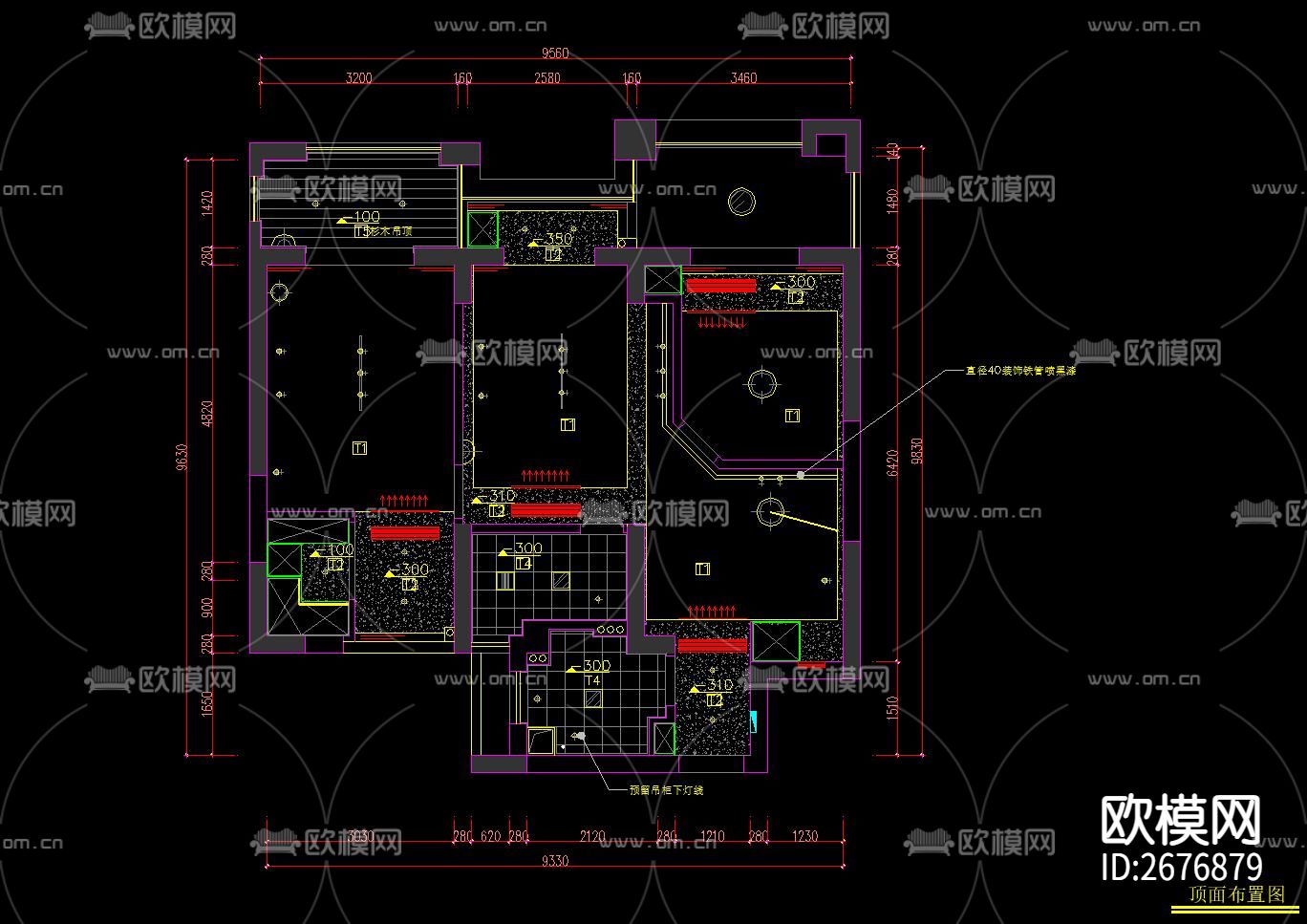 91²两室两厅家装CAD施工图下载（渲染图3）