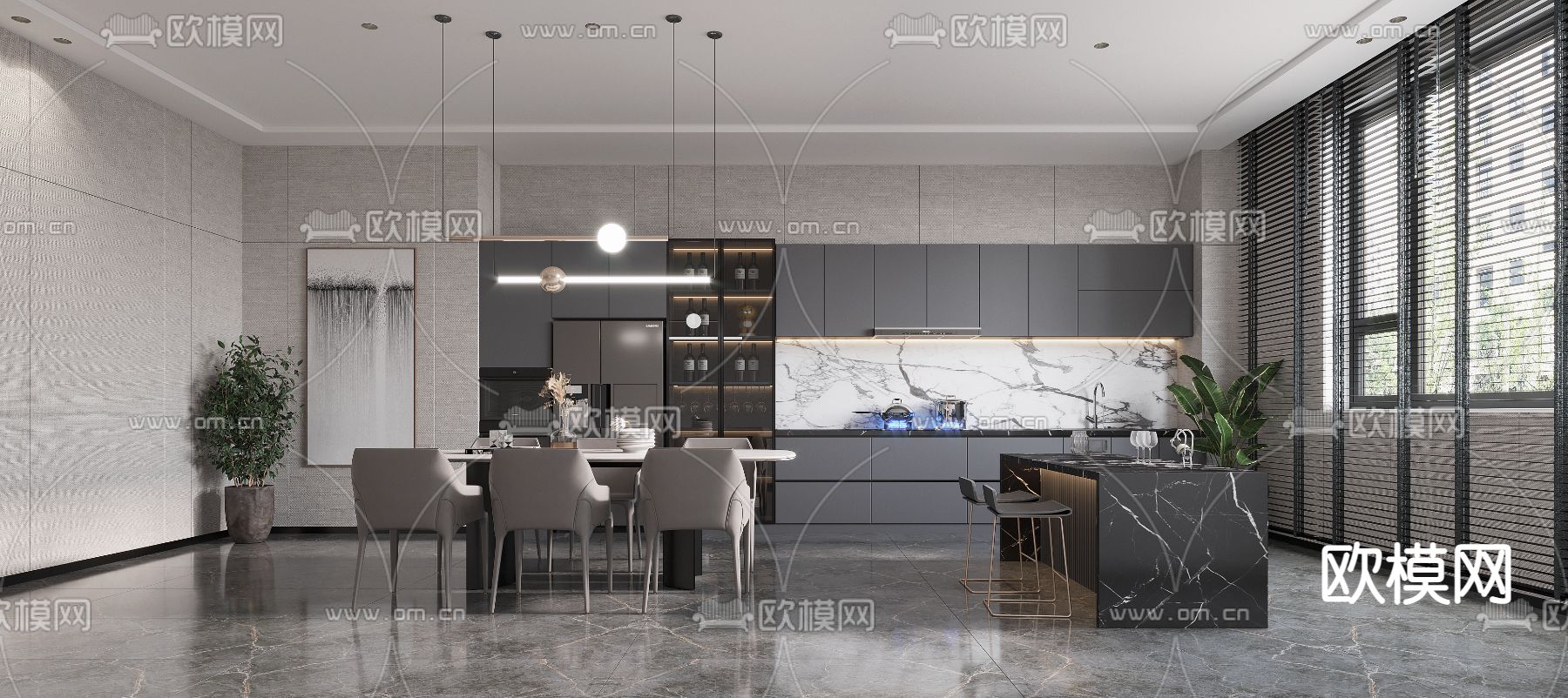 高级灰餐厅3d模型下载（渲染图1）