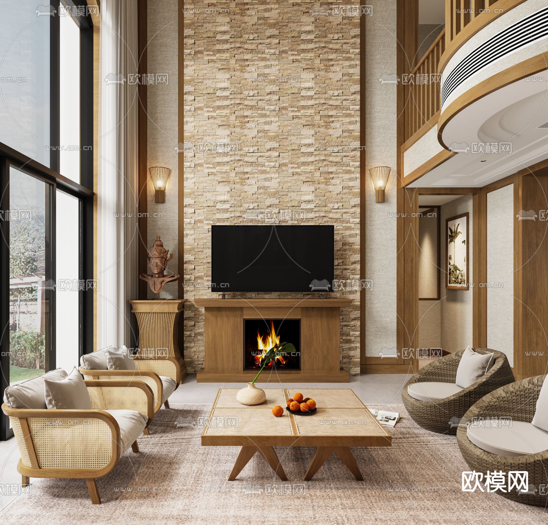 东南亚客厅 别墅大堂3d模型下载（渲染图2）