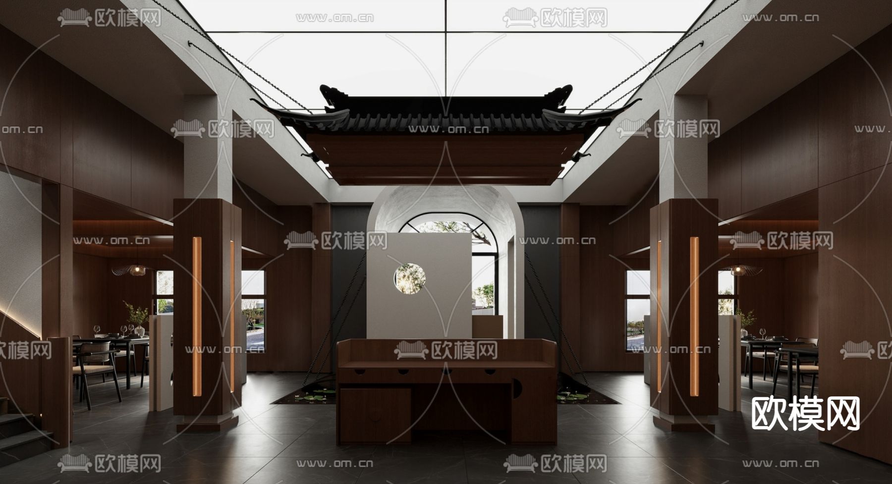 中餐厅 中庭造景su模型下载（渲染图1）
