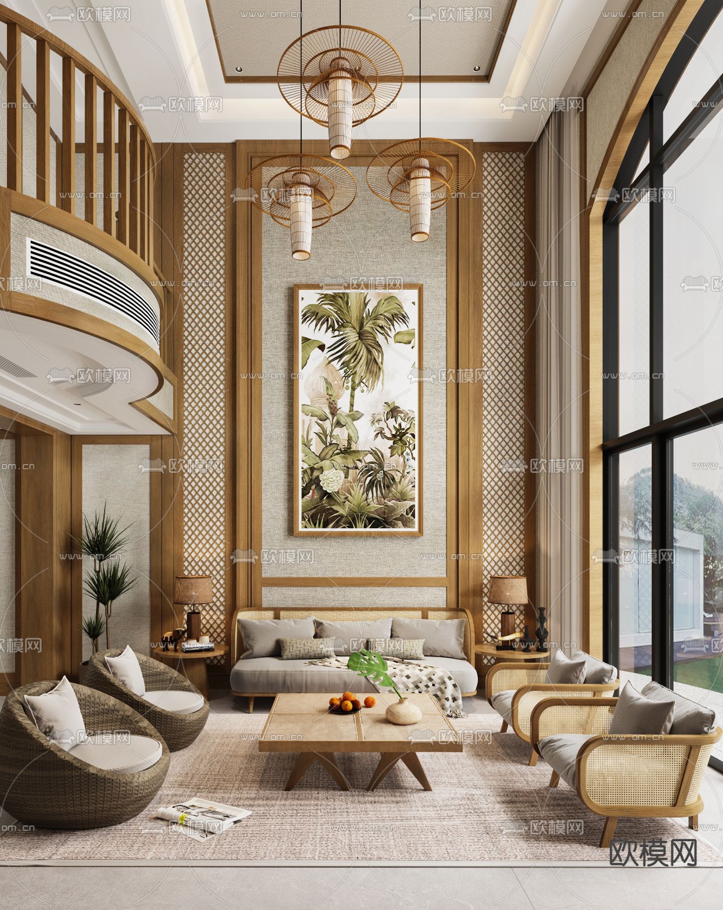 东南亚客厅 别墅大堂3d模型下载（渲染图1）