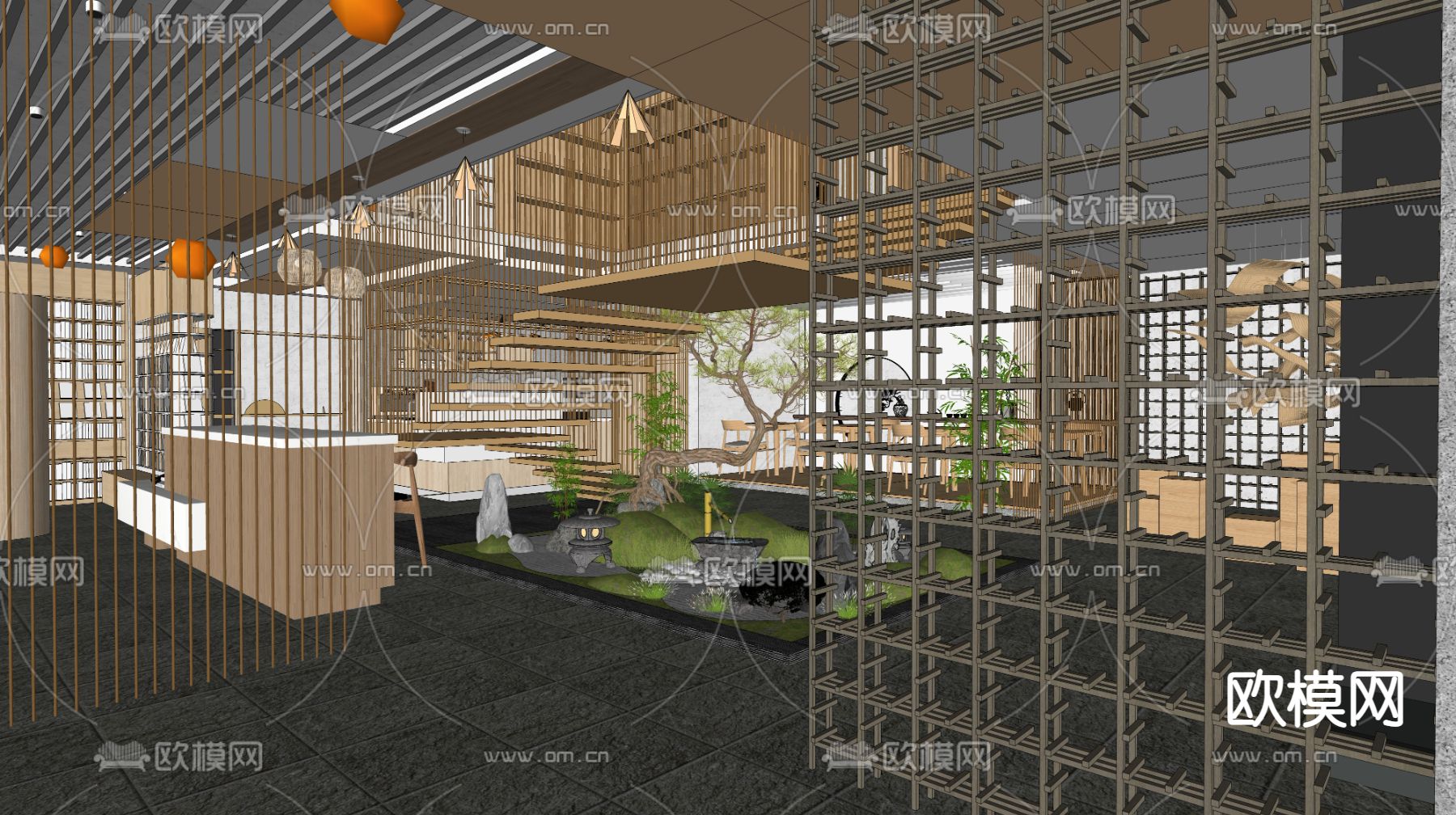 新中式会所中庭su模型下载（渲染图2）