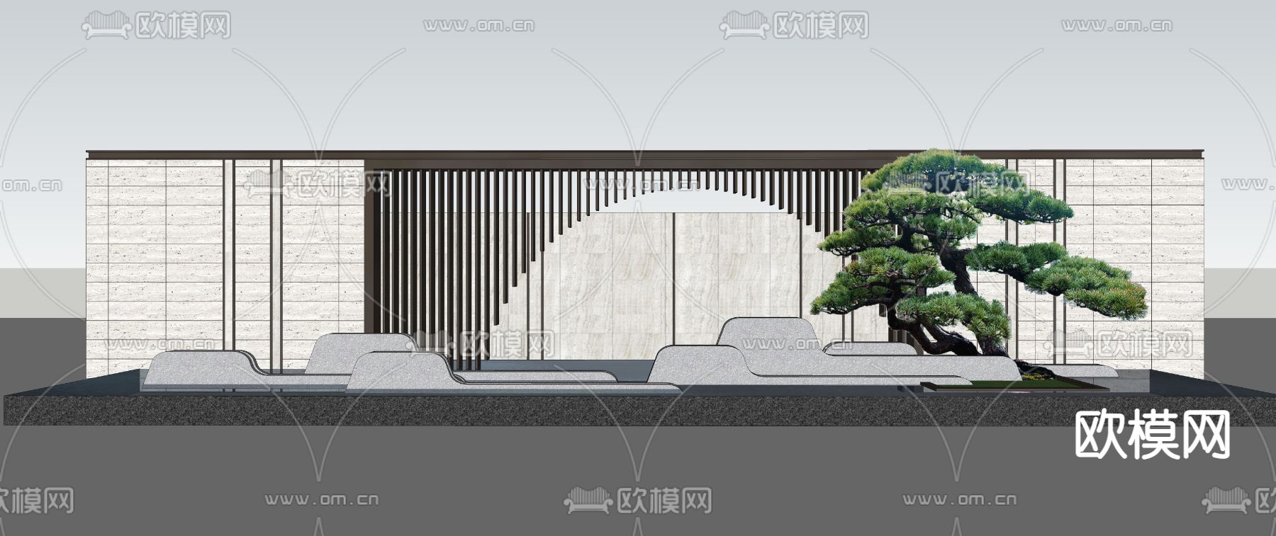 新中式景墙 庭院墙 园艺小品su模型下载（渲染图3）