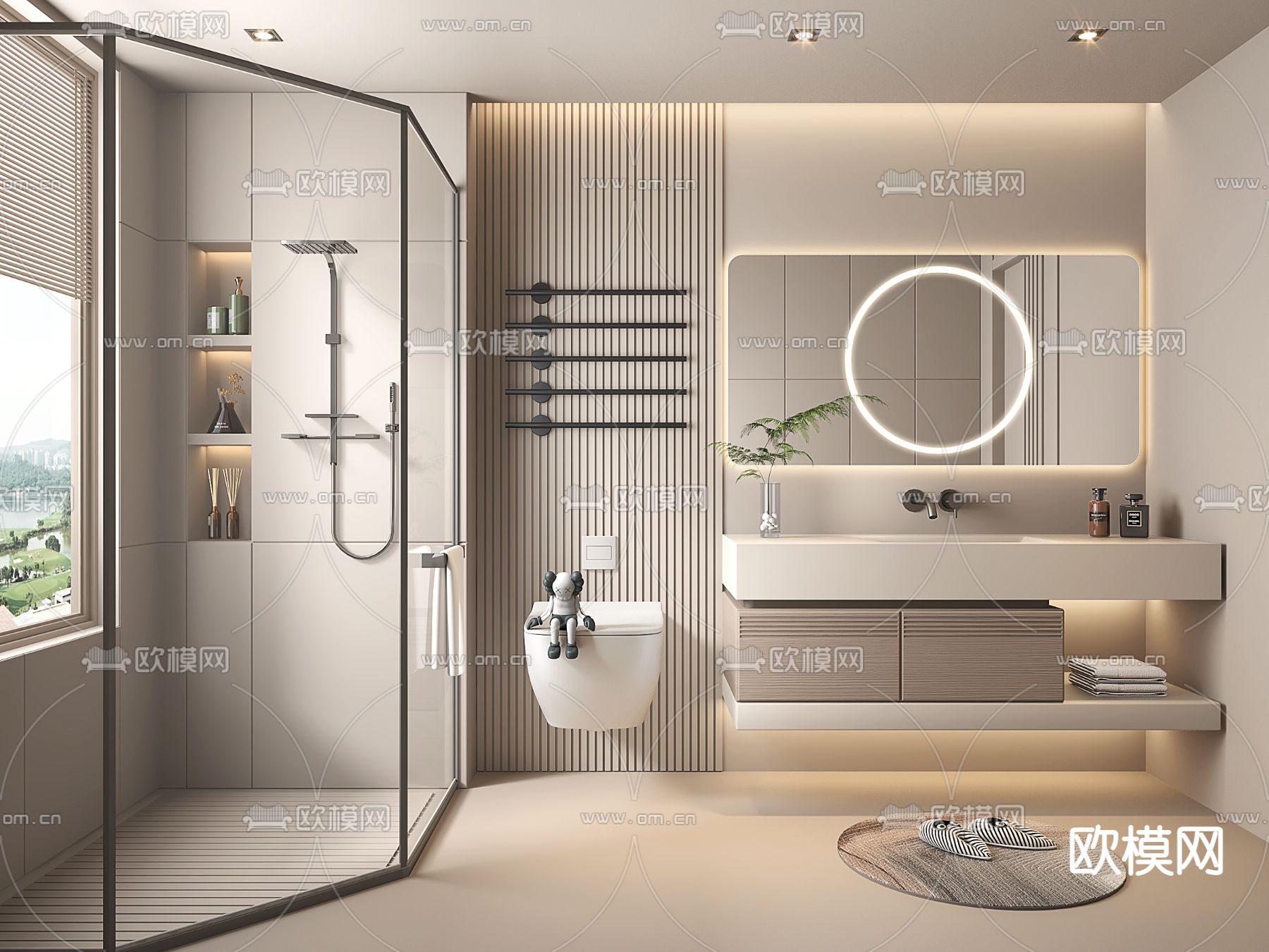 奶油卫生间 浴室 洗手间su模型下载（渲染图1）