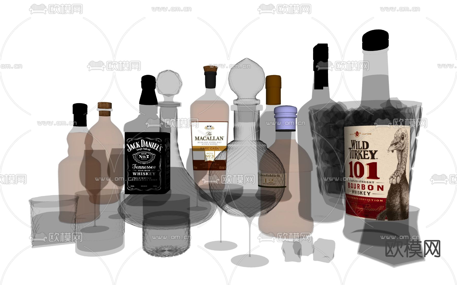 洋酒 酒瓶 酒水 酒杯su模型下载（渲染图2）
