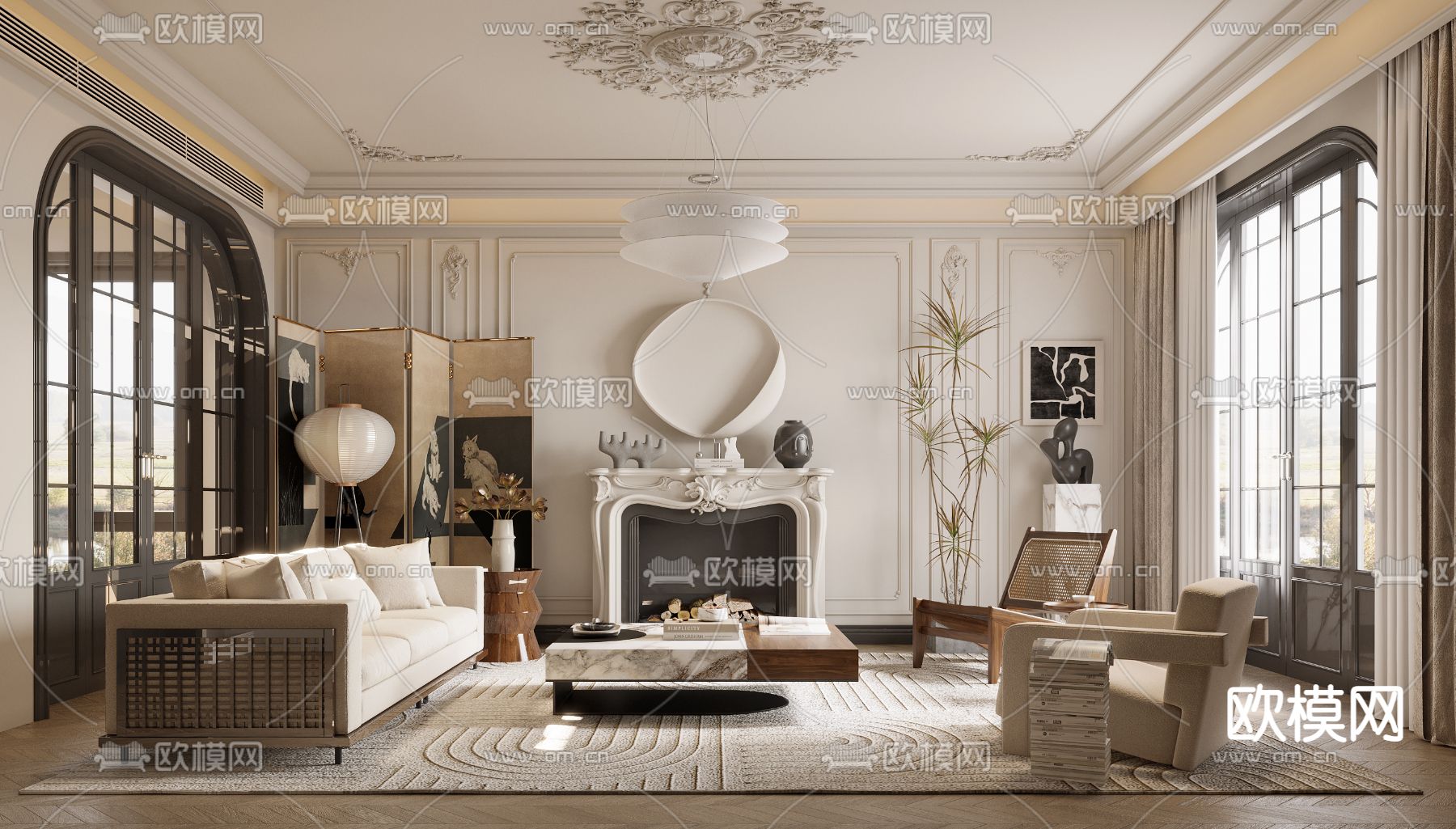 法式客厅su模型下载（渲染图1）