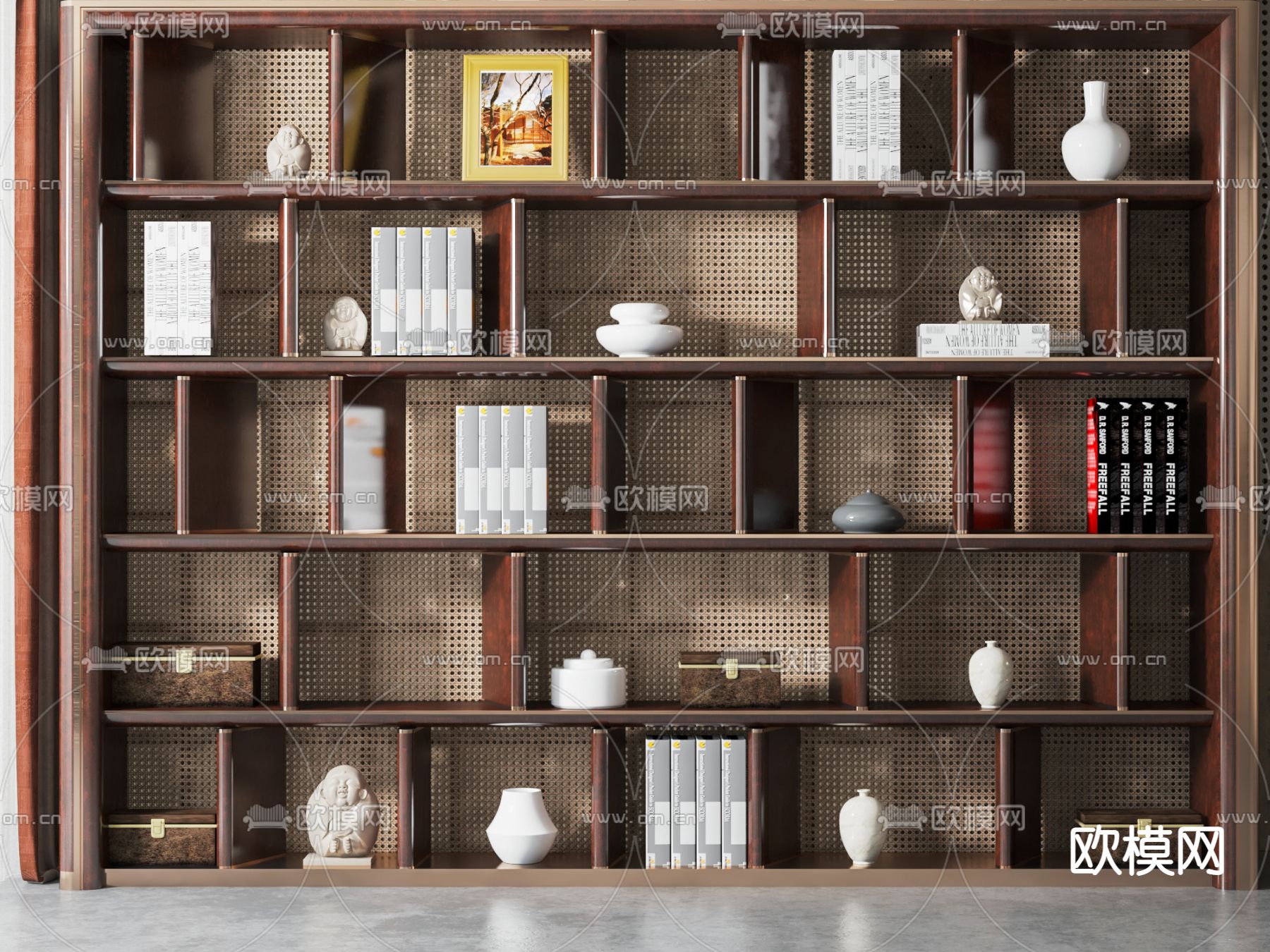 新中式书柜 藤编陈列柜su模型下载（渲染图1）