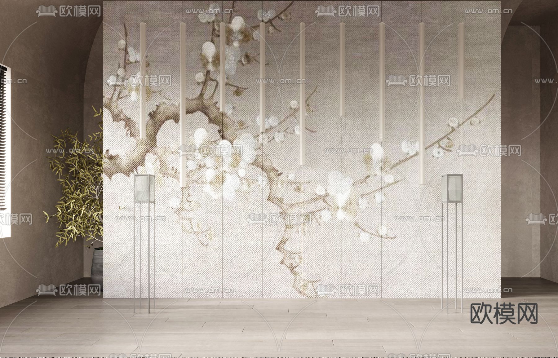 新中式背景墙3d模型下载