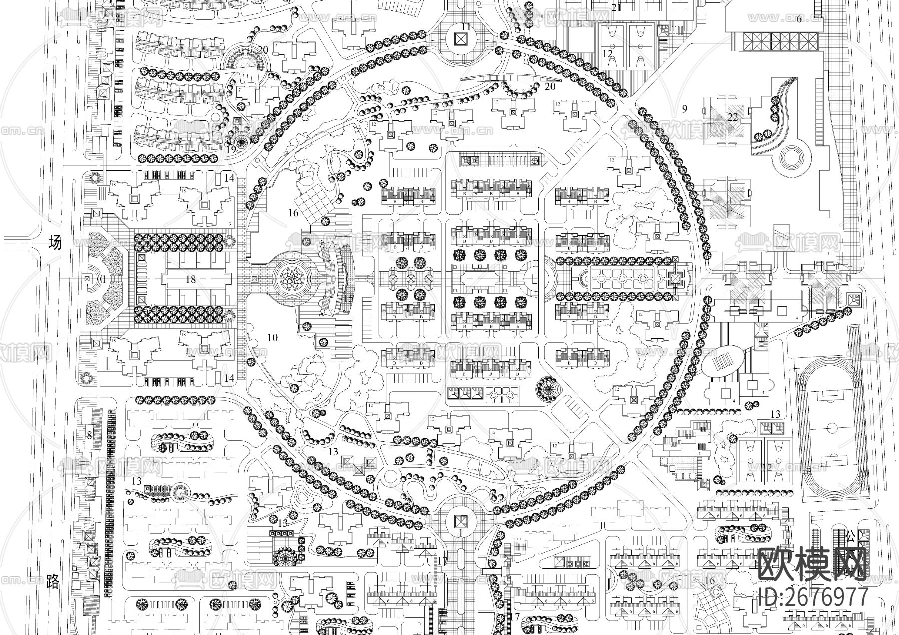 大型居住小区规划cad平面图下载（渲染图1）