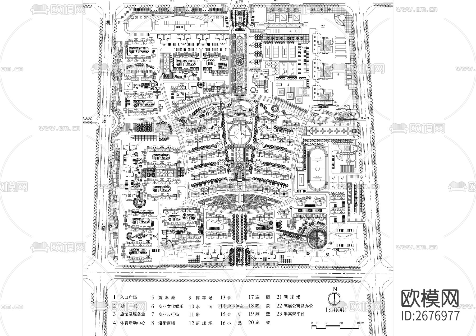 大型居住小区规划cad平面图下载（渲染图2）