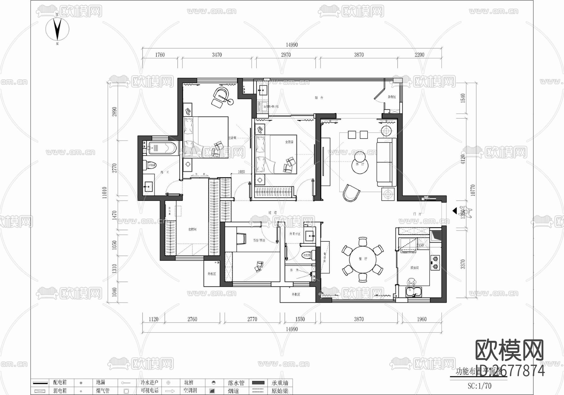 130㎡三居室家装cad立面施工图下载（渲染图1）