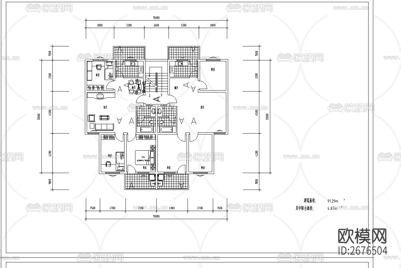 万升小区户型cad平面图下载（渲染图2）