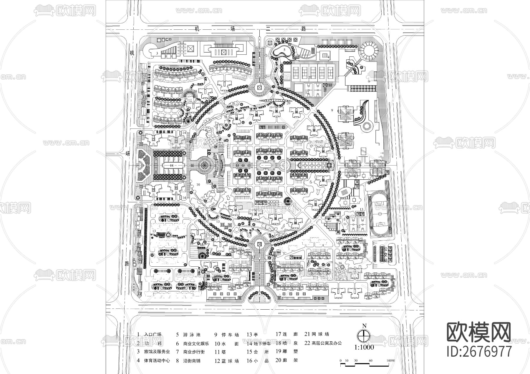 大型居住小区规划cad平面图下载（渲染图3）
