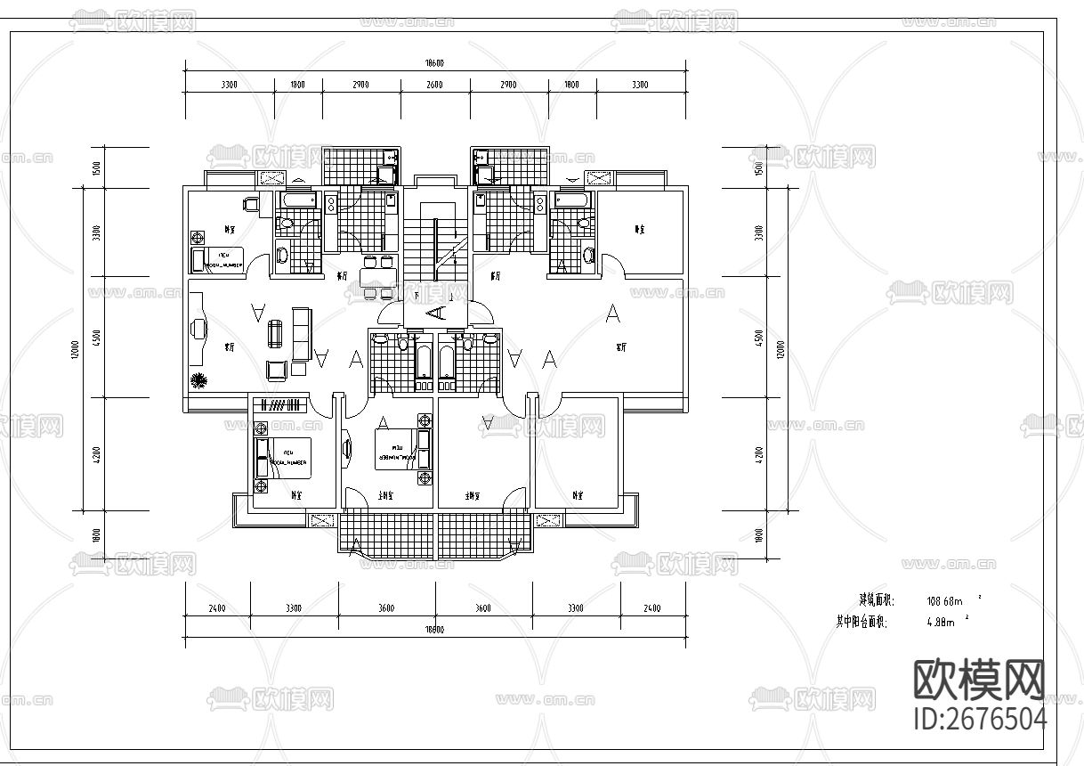 万升小区户型cad平面图下载（渲染图1）