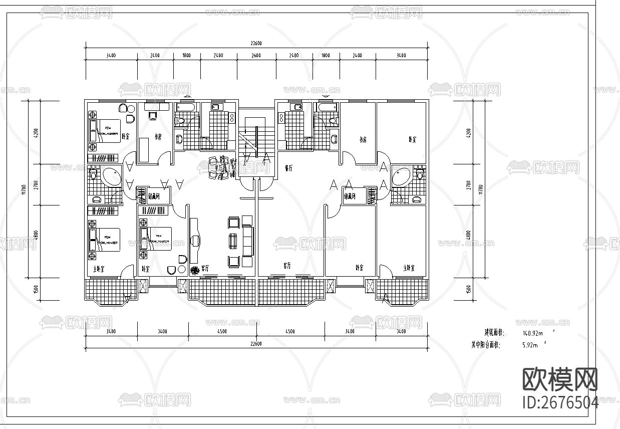 万升小区户型cad平面图下载（渲染图3）