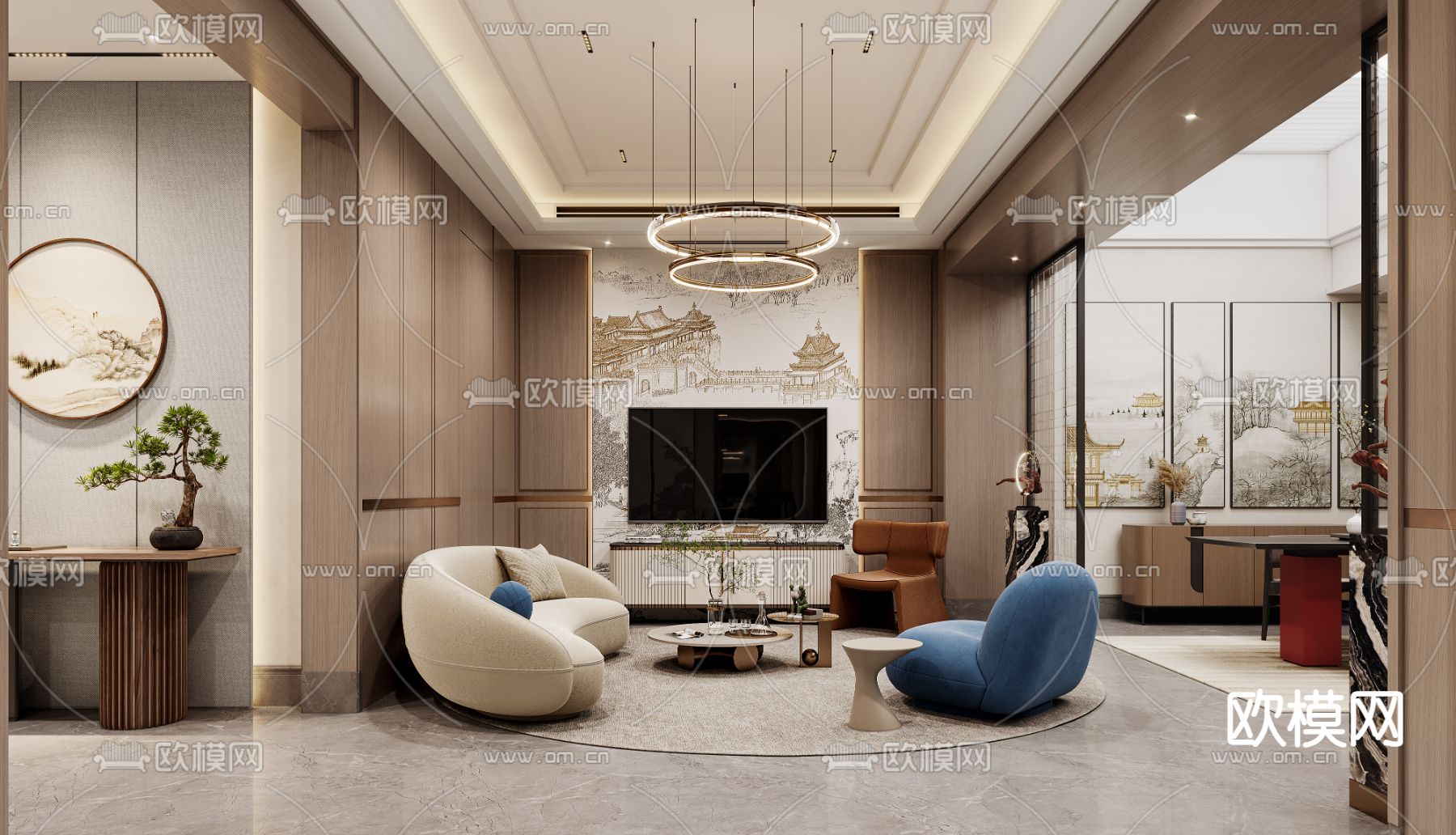 中式娱乐室 别墅健身区3d模型下载（渲染图1）