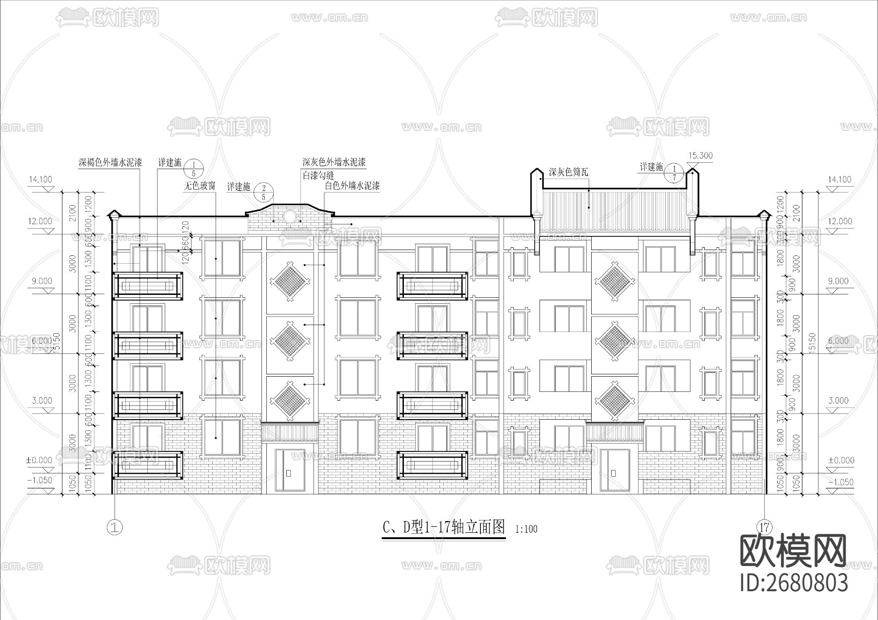 三款经典中式微派建筑CAD施工图下载（渲染图1）