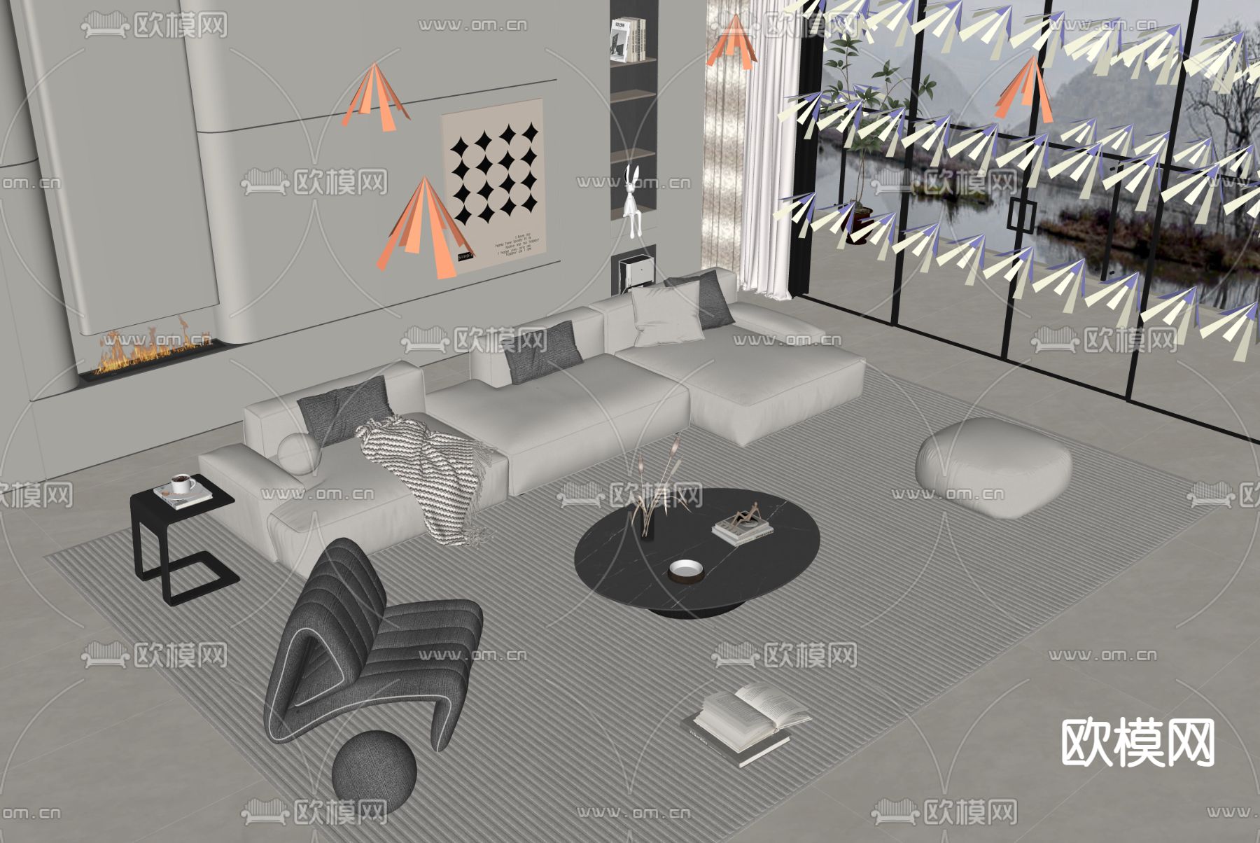 现代布艺沙发组合su模型下载（渲染图2）