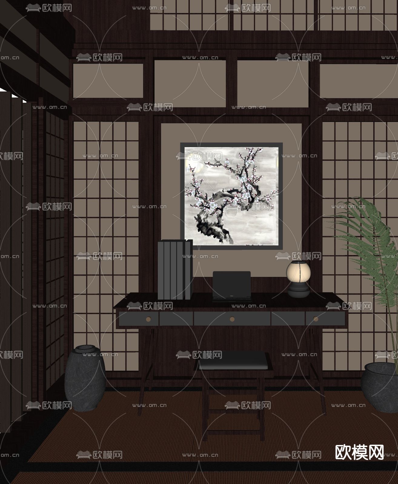 新中式书房su模型下载（渲染图2）