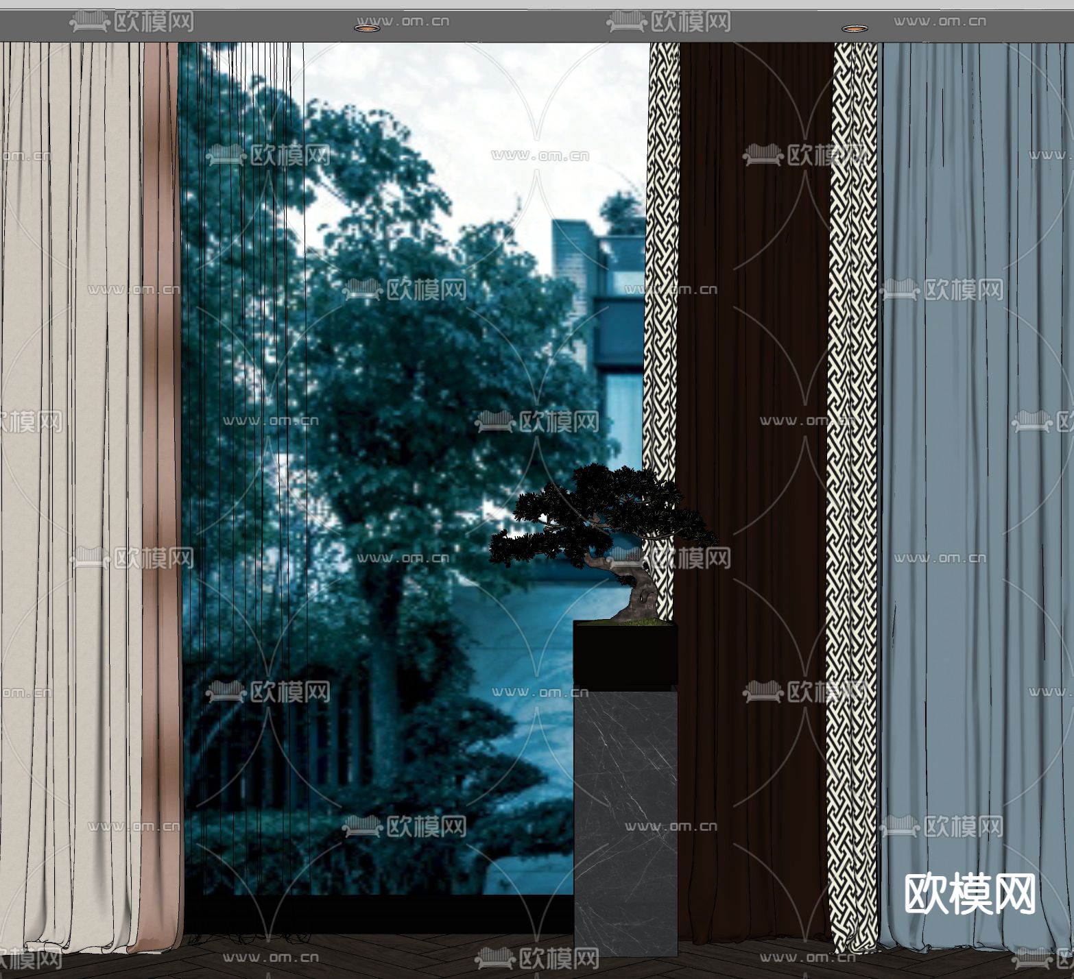 新中式窗帘su模型下载（渲染图2）