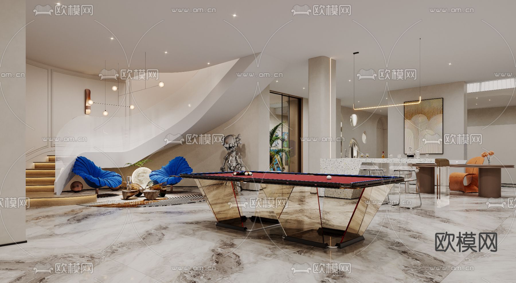 地下室休闲区 台球室3d模型下载（渲染图3）