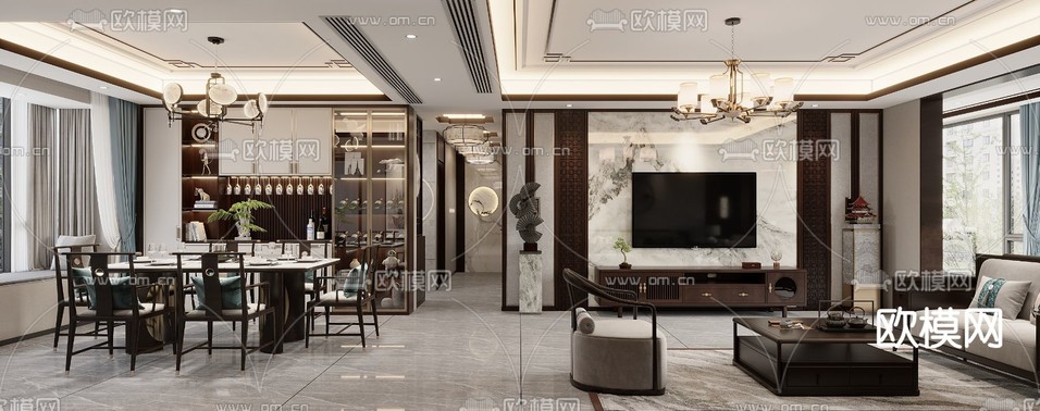 新中式客餐厅3d模型下载_ID14123130_3dmax免费模型-欧模网