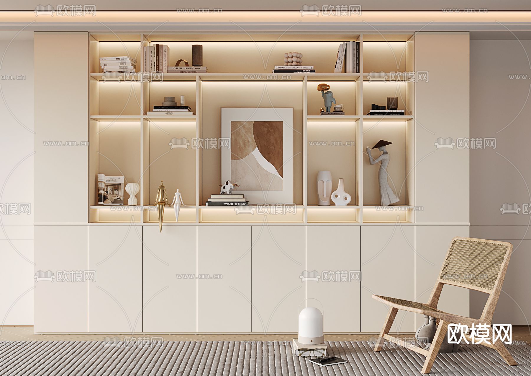 奶油风书柜su模型下载（渲染图1）