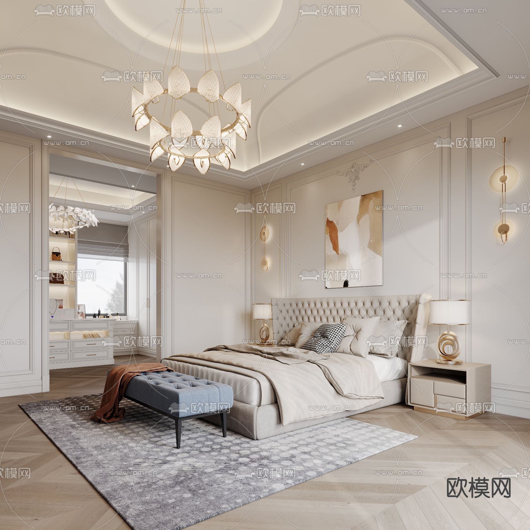 简欧卧室 主卧3d模型下载_ID14123892_3dmax免费模型-欧模网