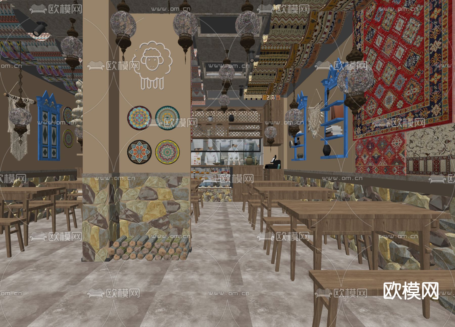 侘寂新疆烧烤店su模型下载（渲染图2）
