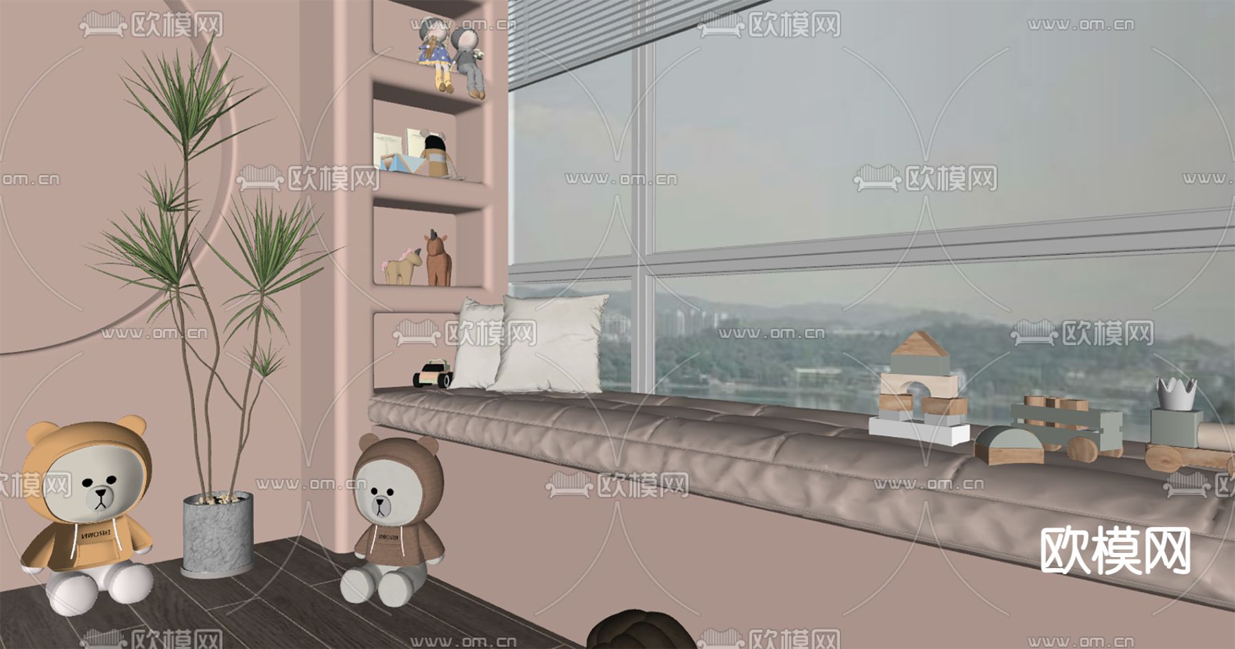 现代飘窗 坐垫su模型下载（渲染图2）