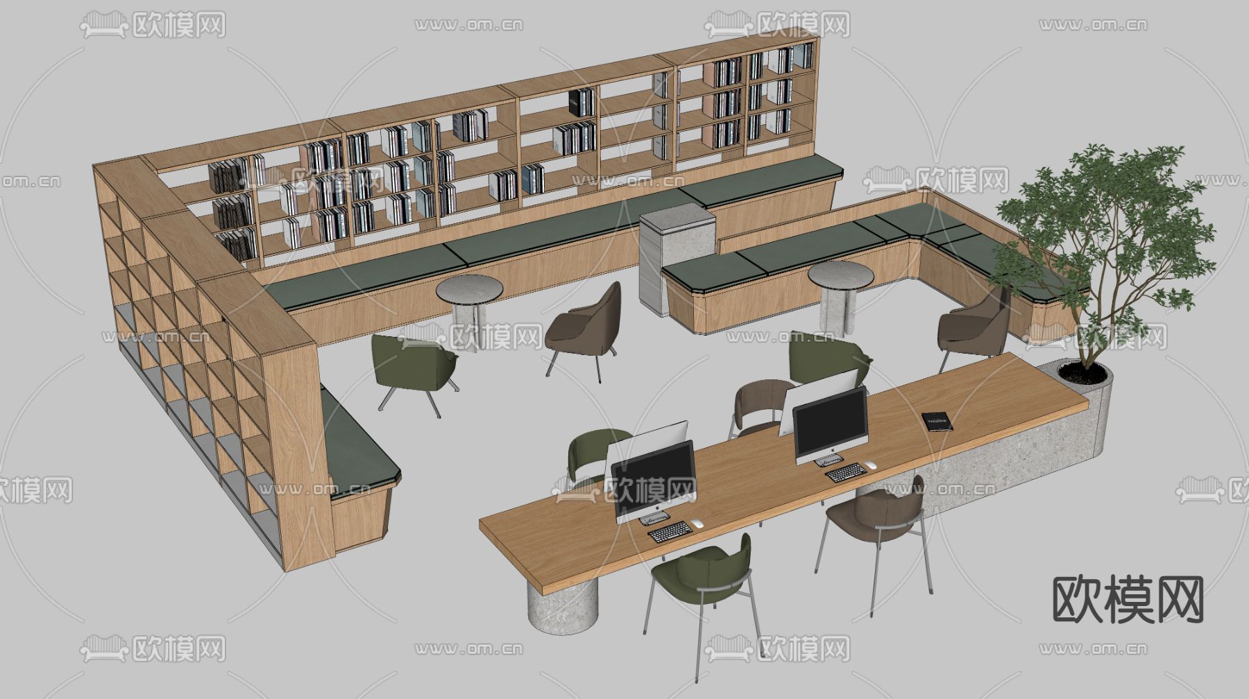 现代办公桌椅 卡座桌椅su模型下载（渲染图2）