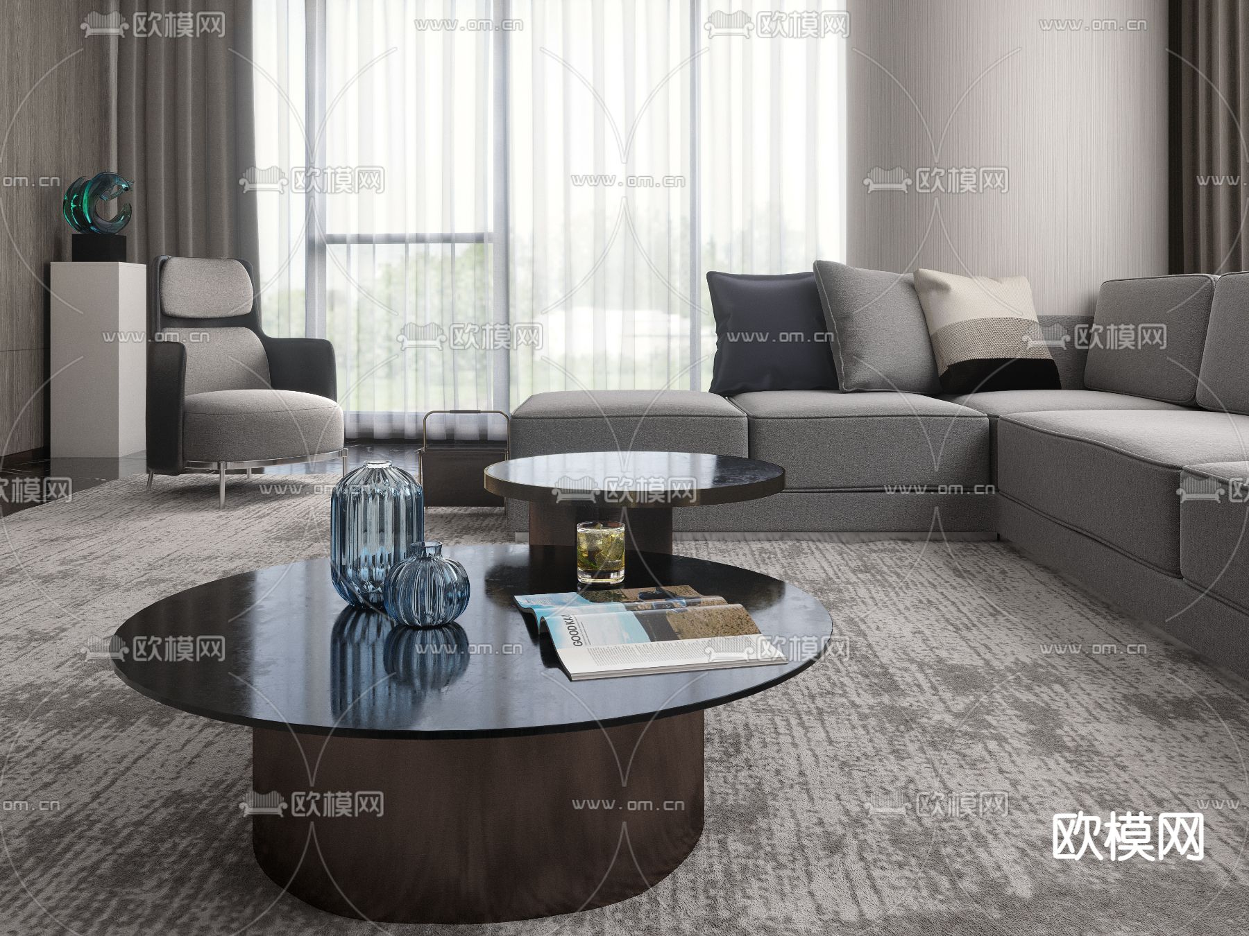 高级灰客厅3d模型下载（渲染图2）