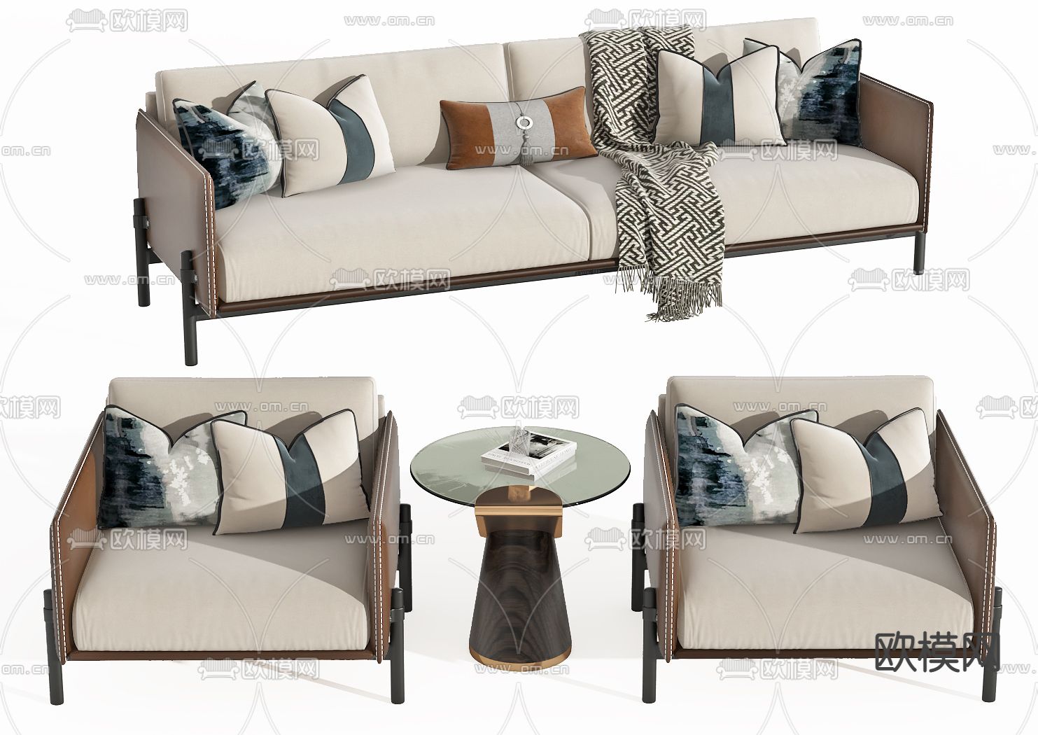 新中式办公沙发su模型下载（渲染图1）