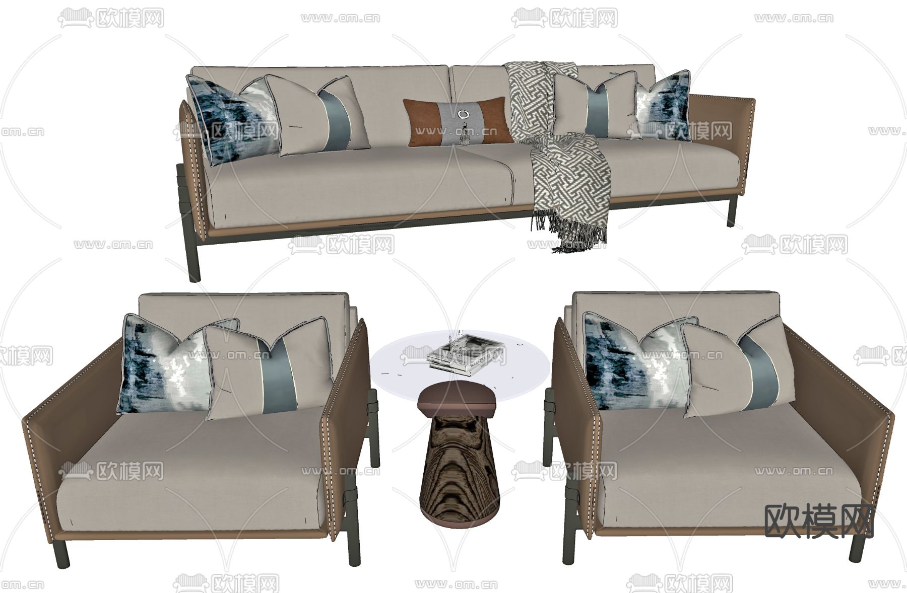 新中式办公沙发su模型下载（渲染图2）