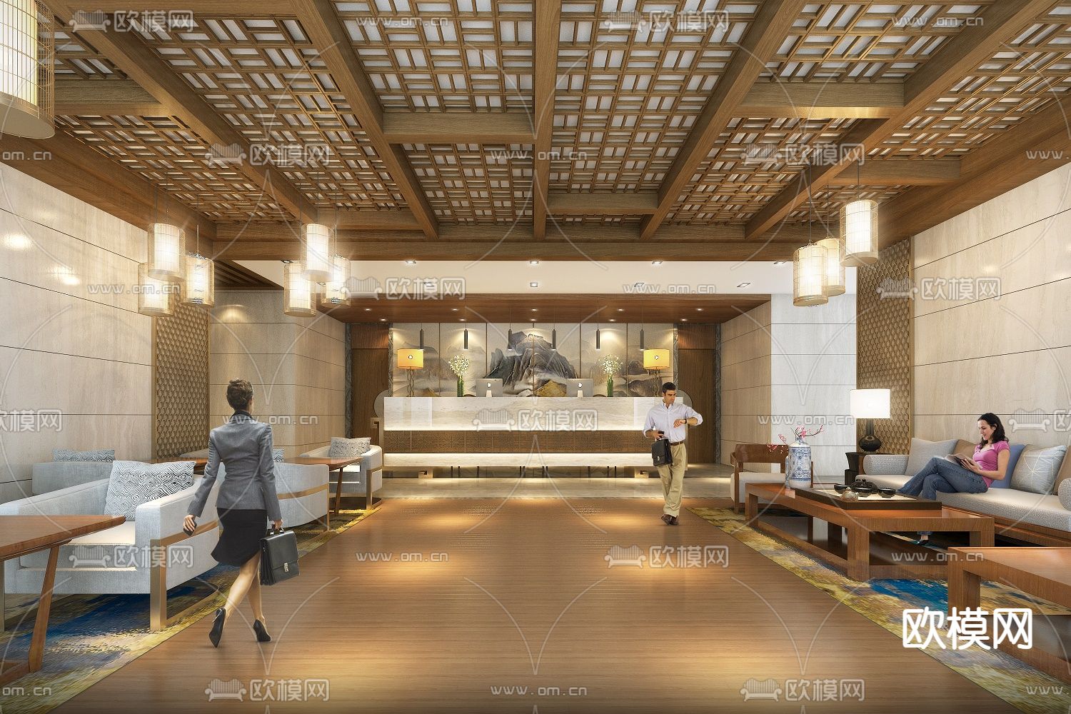 新中式酒店大堂免费3d模型下载