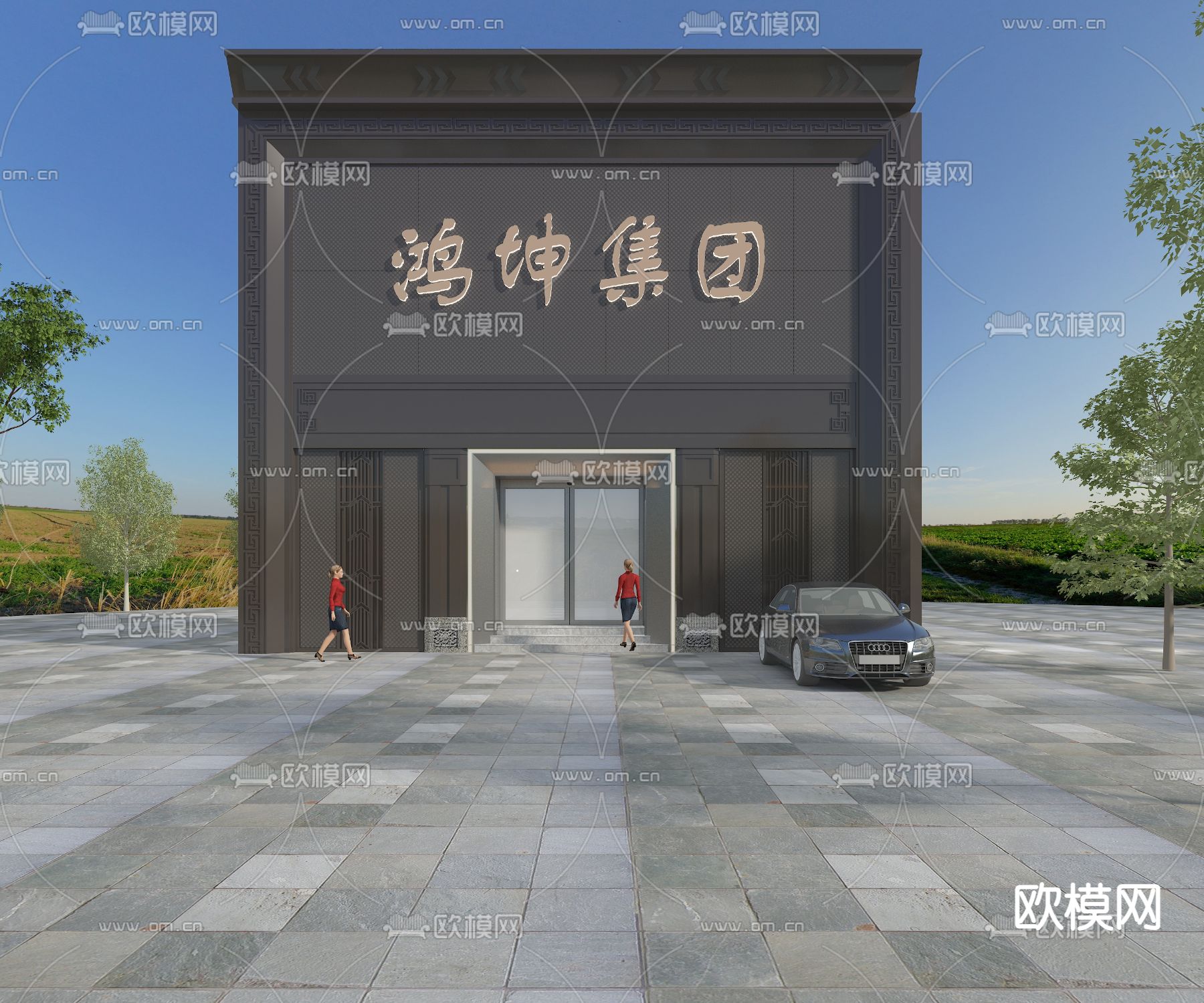 现代公司门头 门面免费3d模型下载（渲染图1）