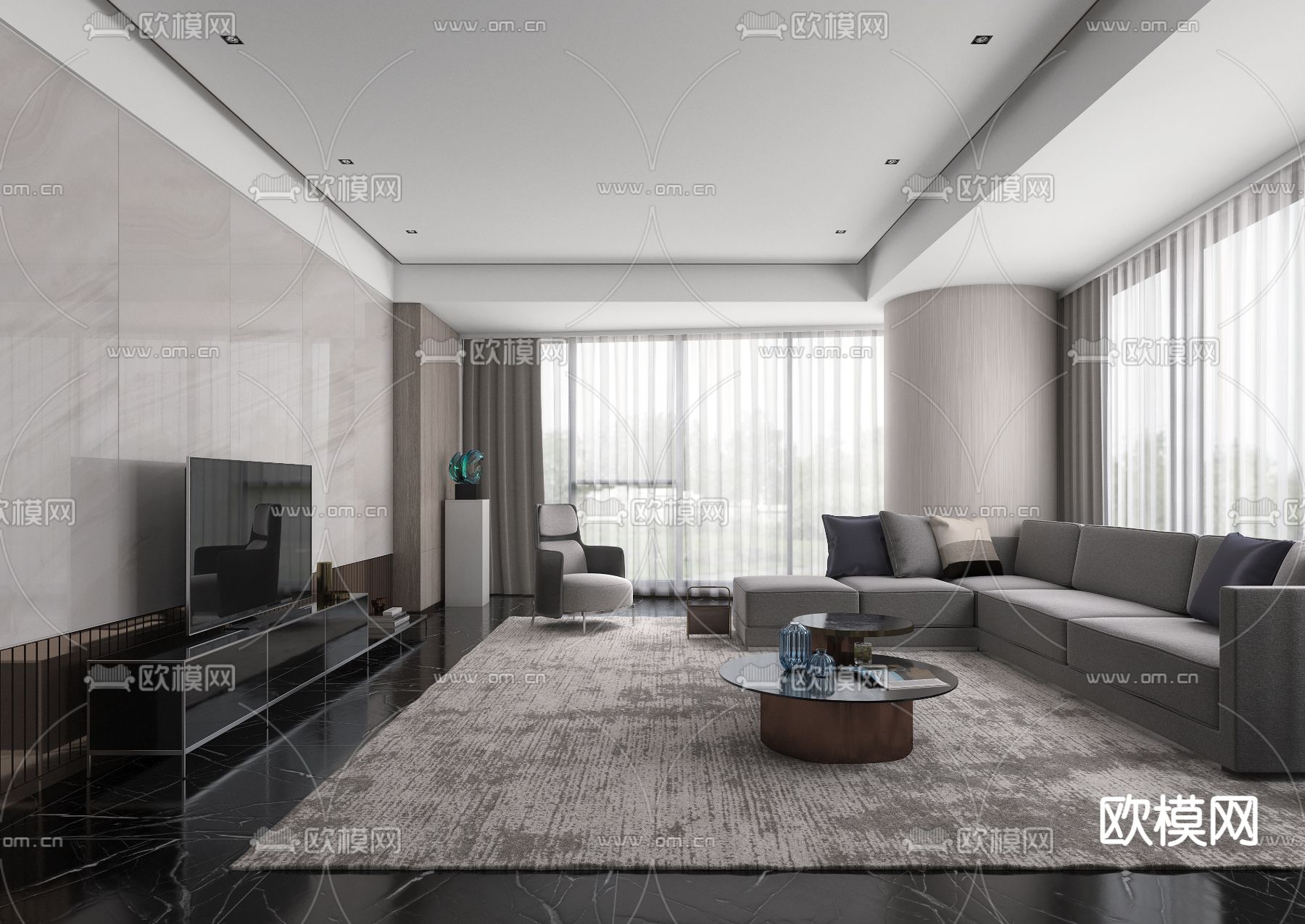 高级灰客厅3d模型下载（渲染图1）