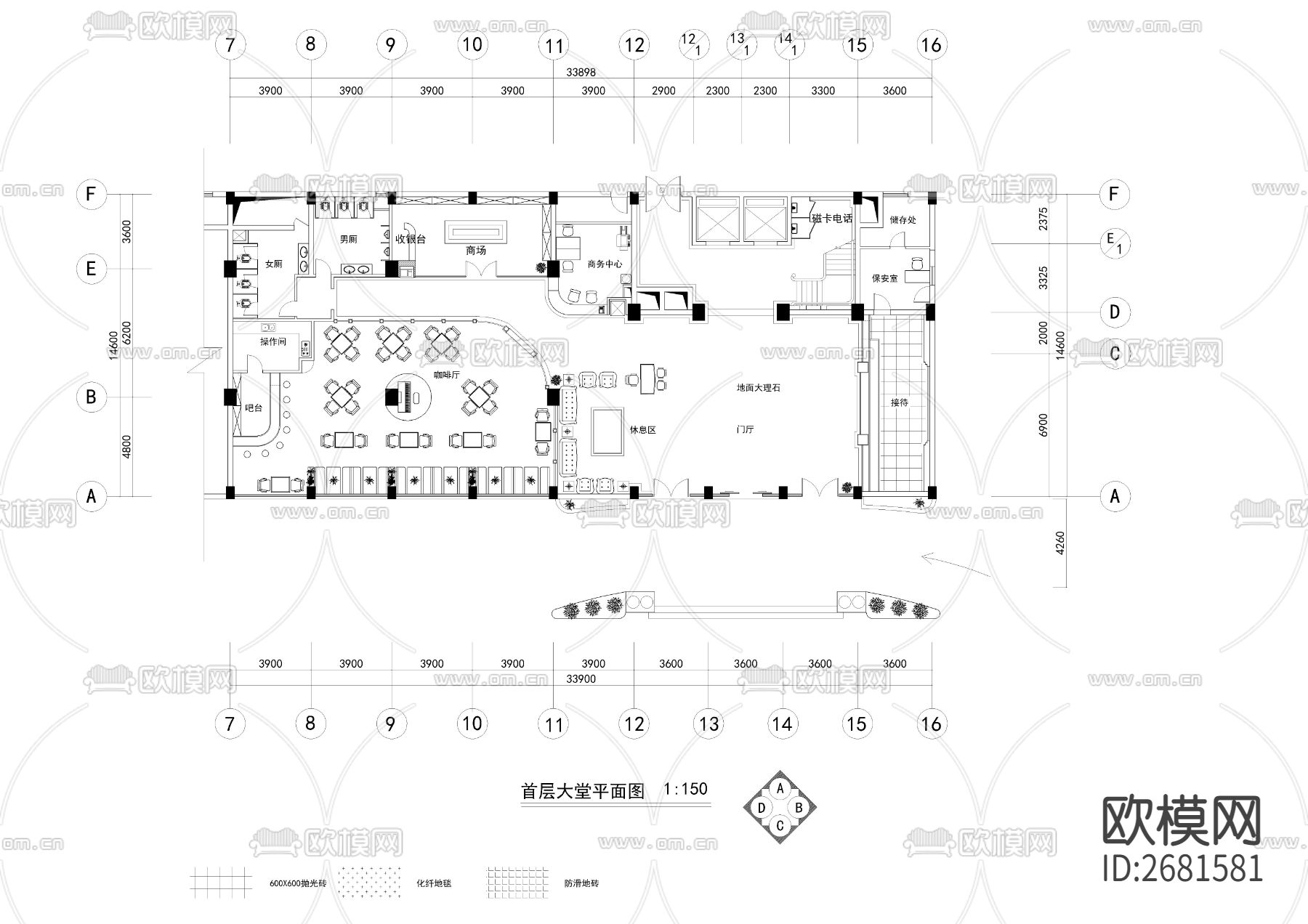 某宾馆装饰平面cad施工图下载（渲染图1）
