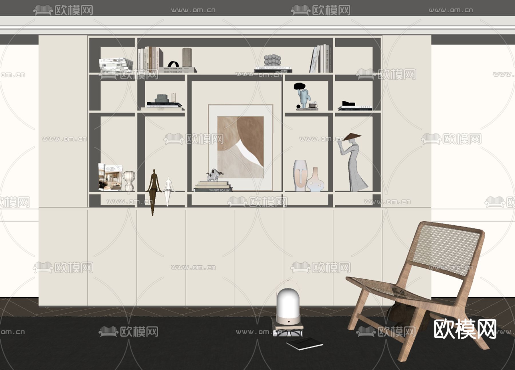 奶油风书柜su模型下载（渲染图2）