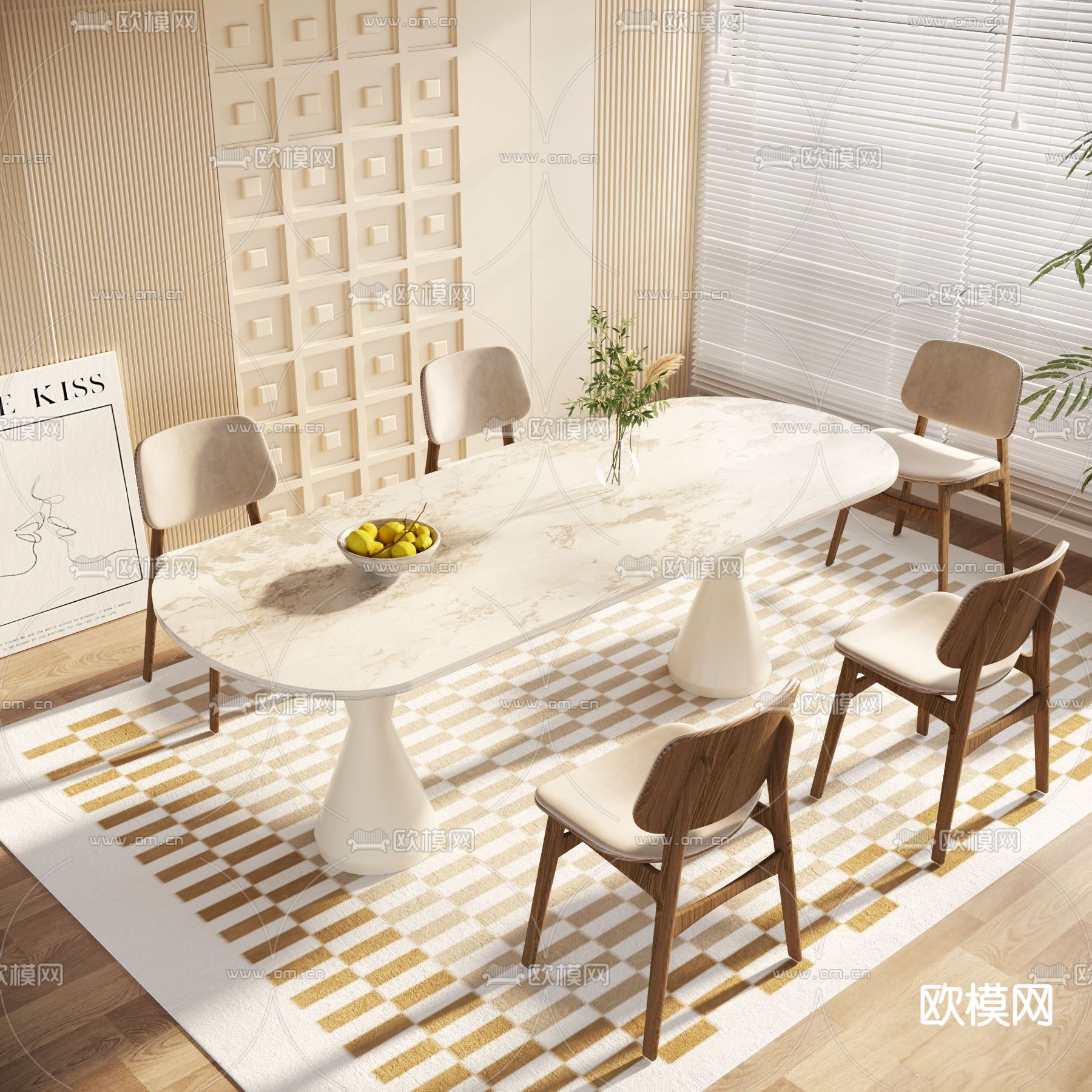 奶油风餐桌椅3d模型下载