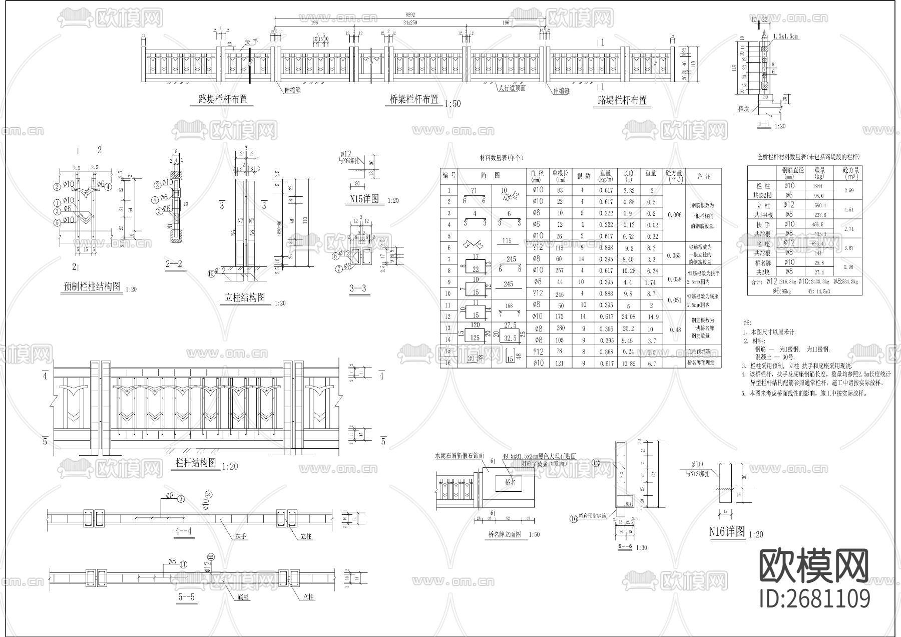现浇路堤栏杆桥梁栏杆CAD施工图下载（渲染图1）