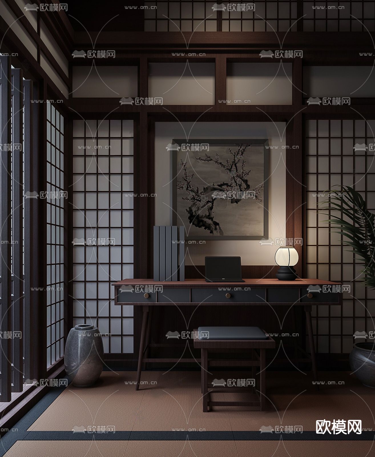 新中式书房su模型下载（渲染图1）