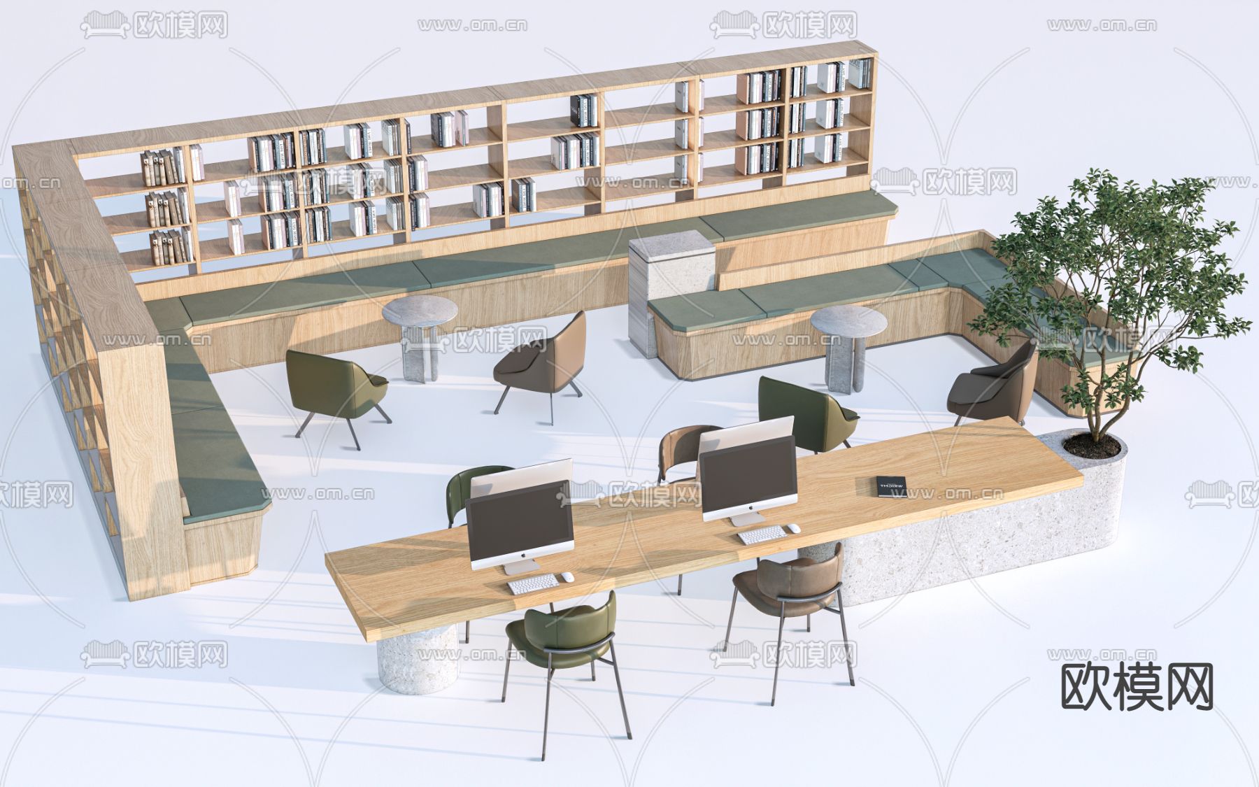 现代办公桌椅 卡座桌椅su模型下载（渲染图1）