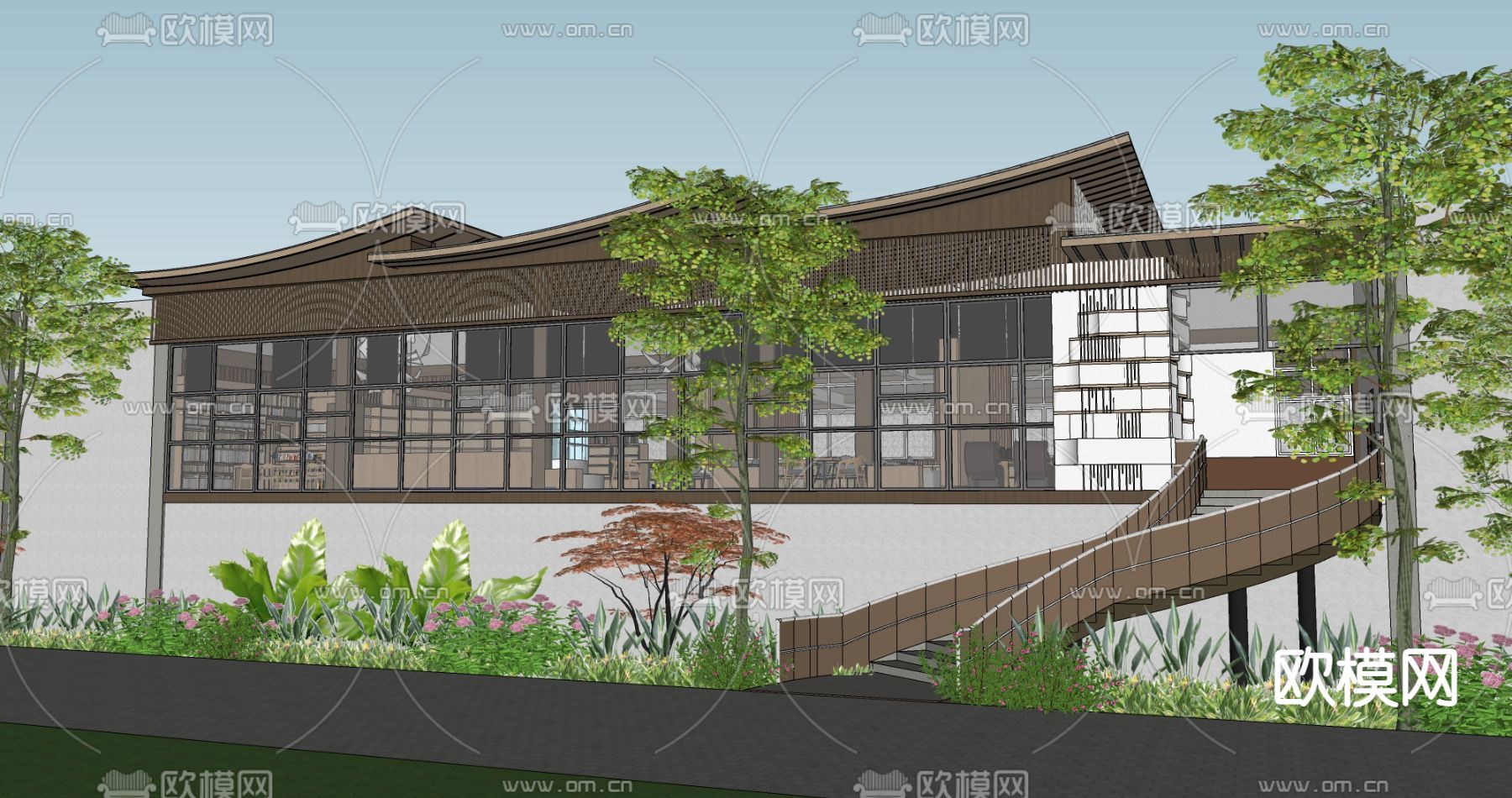 现代森林书吧su模型下载（渲染图2）