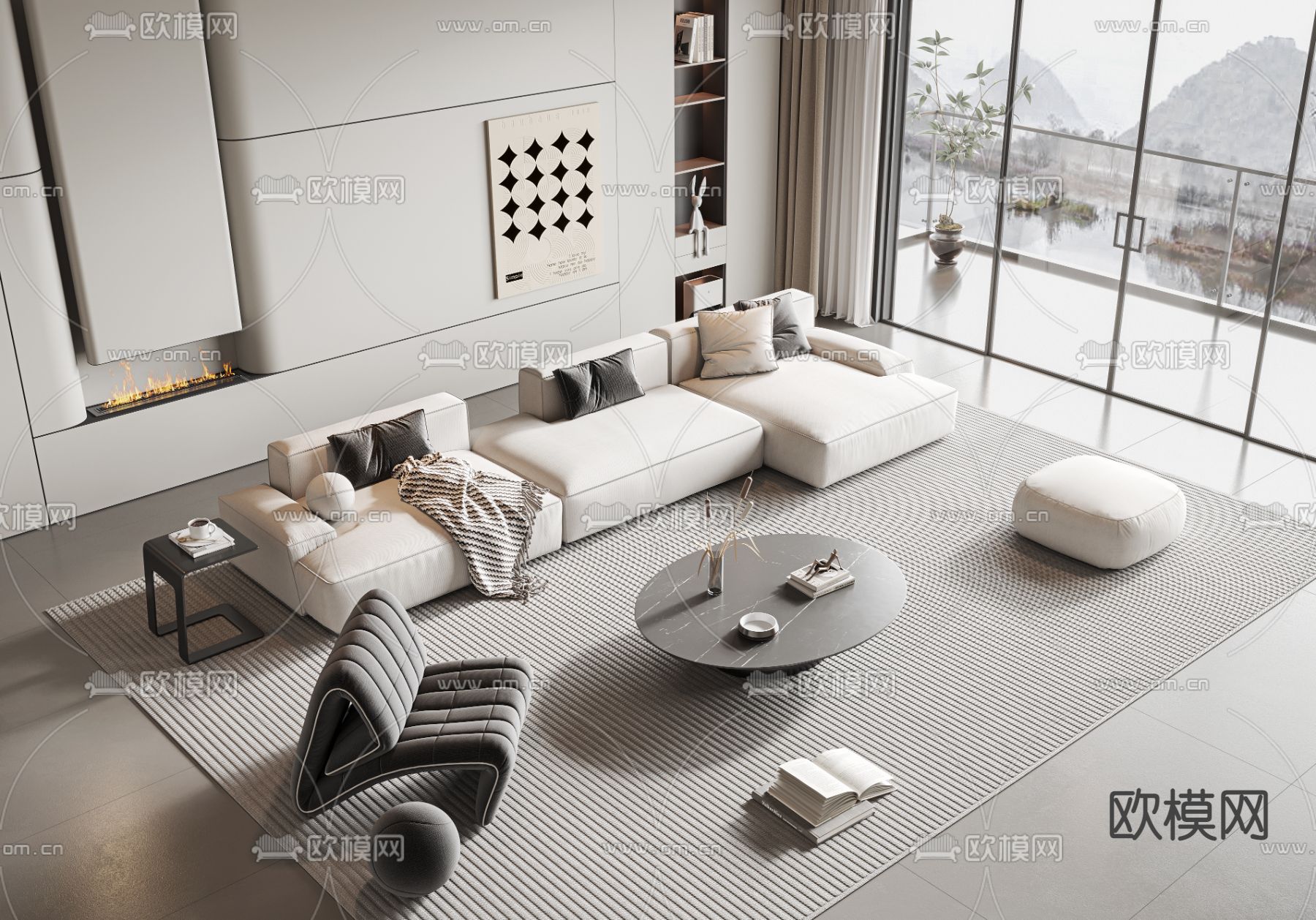 现代布艺沙发组合su模型下载（渲染图1）