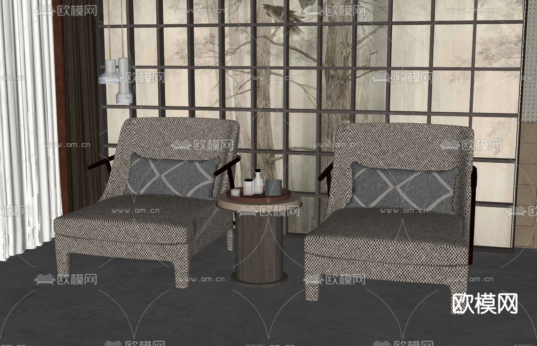 新中式休闲椅su模型下载（渲染图2）