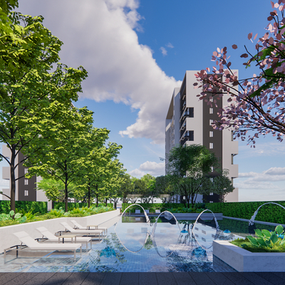  现代小区游泳池su模型 