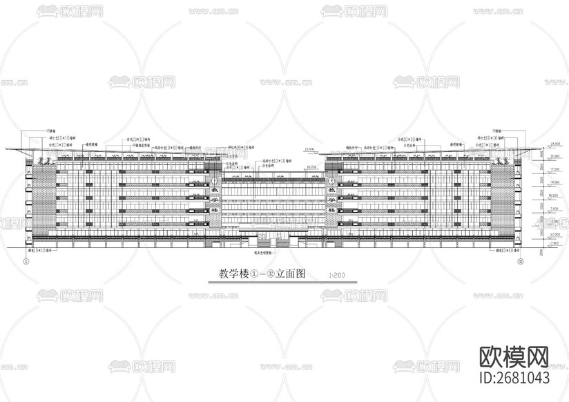 某中学六层教学楼建筑CAD施工图下载(渲染图4)