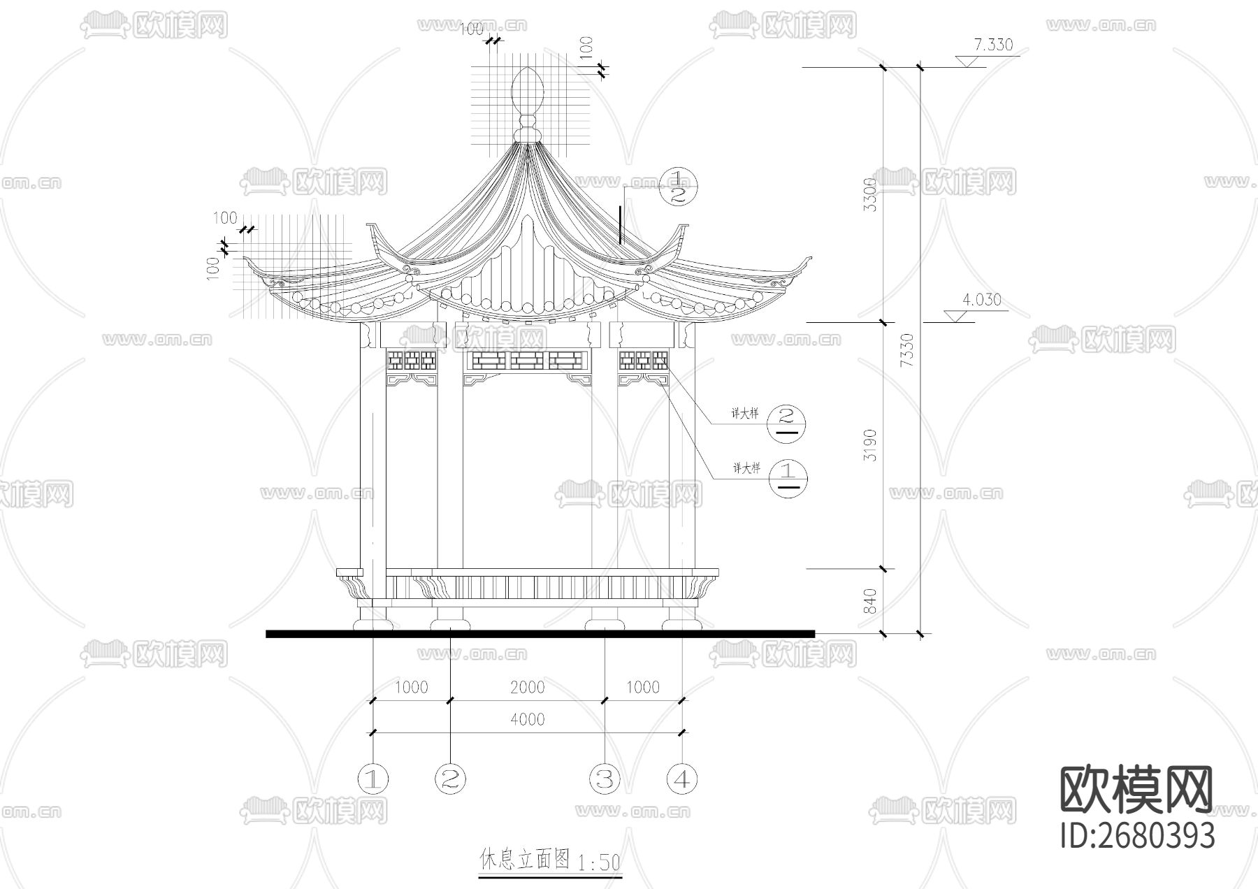 六角古亭CAD节点大样下载（渲染图3）